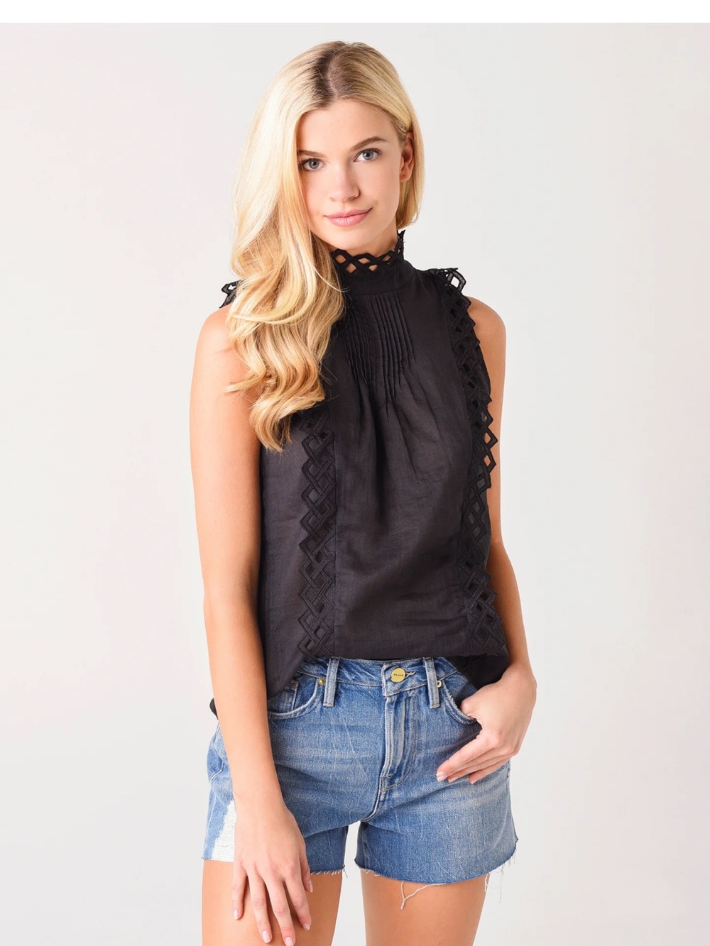Frame Denim Black Embroidered Ramie Sleeveless Top - Women’s Medium